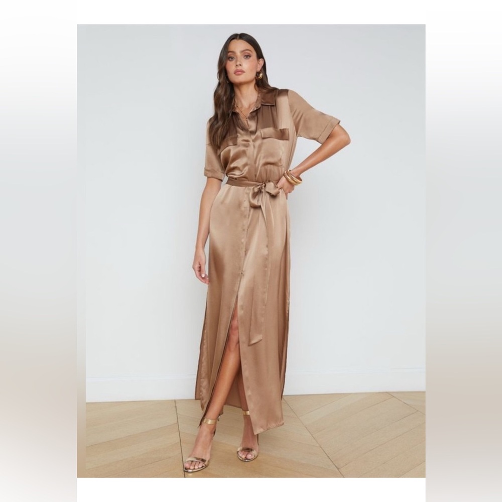 Lagence Elegant Satin Maxi Dress in Tan/Brown Silk